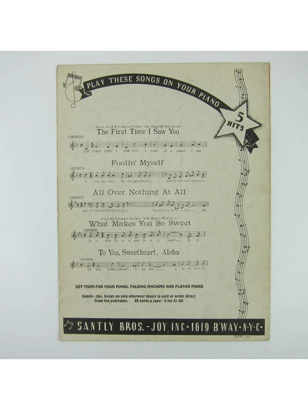 Sheet Music The First Time I Saw You Cary Grant Frances Farmer Toast of NY 1937